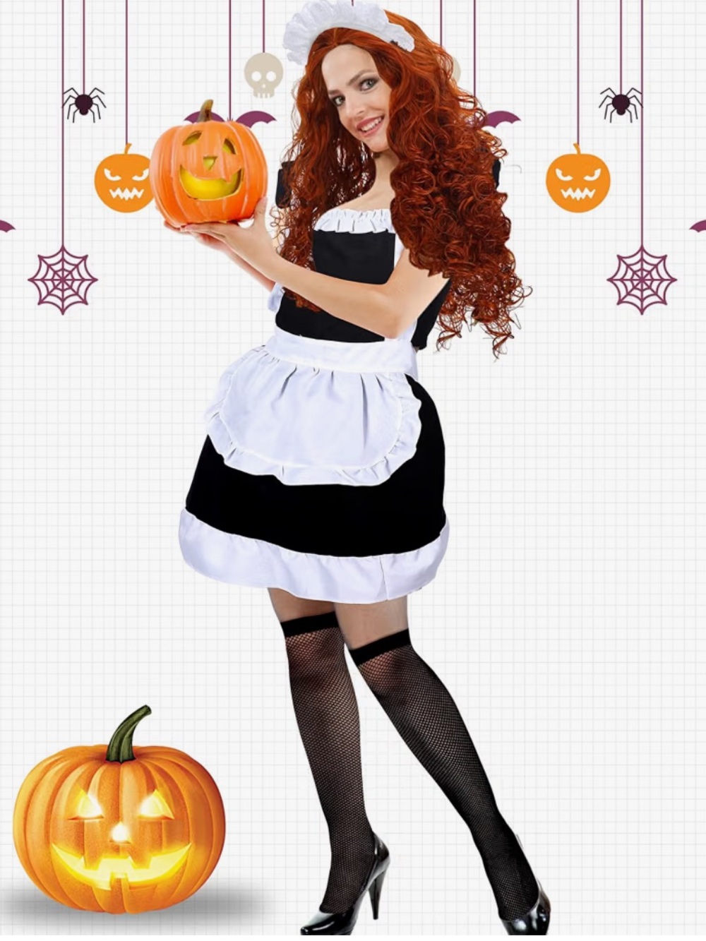 Women's 4 Piece Maid Dress Cosplay Costume French Apron Maid Outfit Halloween